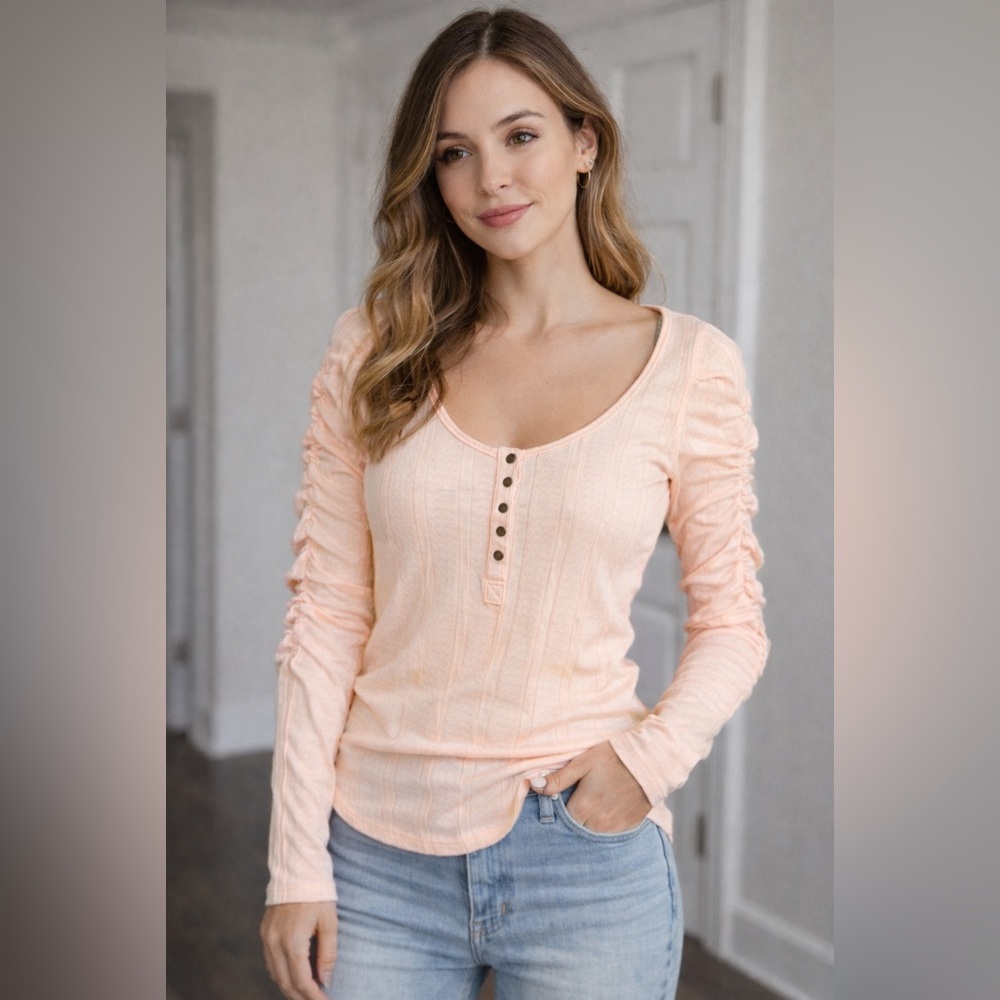 We The Free‎ People Hope Henley Ruched Long Sleeve Pink Top Size Small